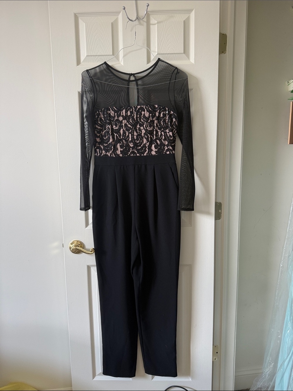 Black Jumpsuit with  Lace Bodice and Sheer Sleeves